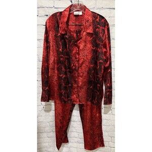 Fredericks of Hollywood Satin Pajama Set Medium Long Sleeve & Pants Red